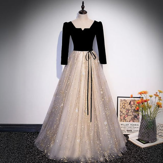 Short-Sleeve Notch Neck Star Print Mesh Panel A-Line Evening Gown / Long-Sleeve Evening Gown