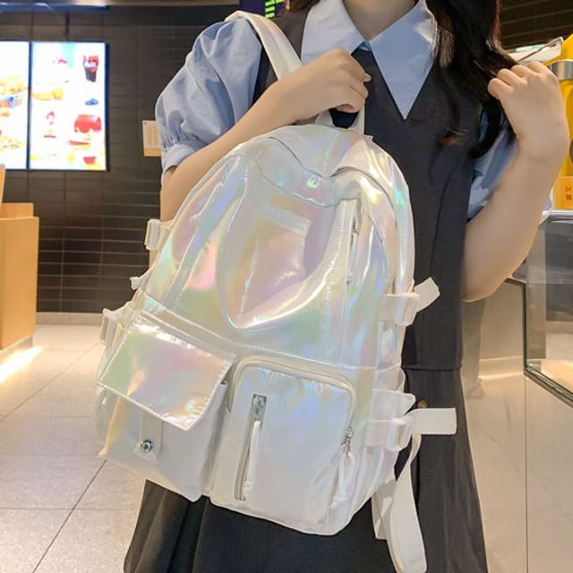 Leather Buckled Backpack Holographic Faux
