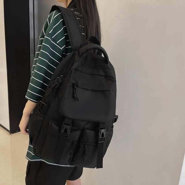 Buckled Plain Nylon Backpack