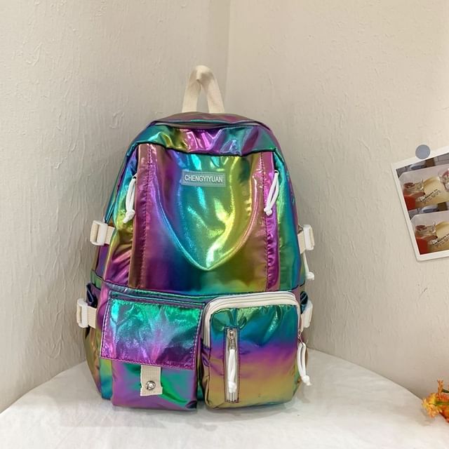 Leather Buckled Backpack Holographic Faux