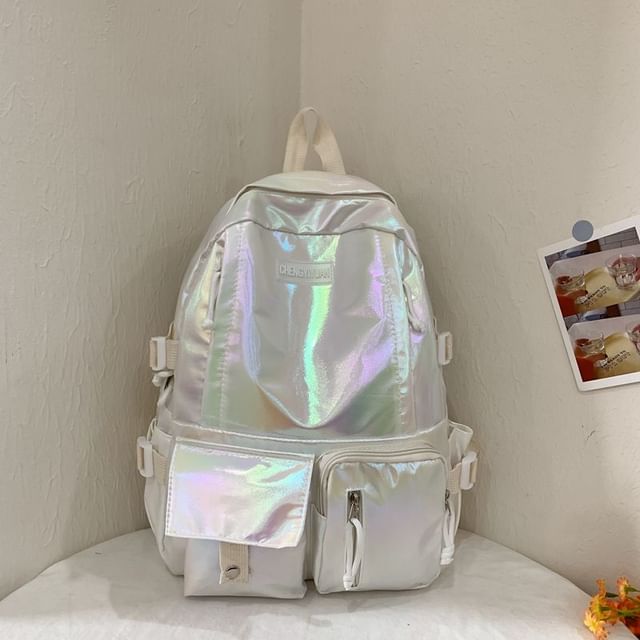 Leather Buckled Backpack Holographic Faux