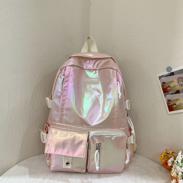Leather Buckled Backpack Holographic Faux