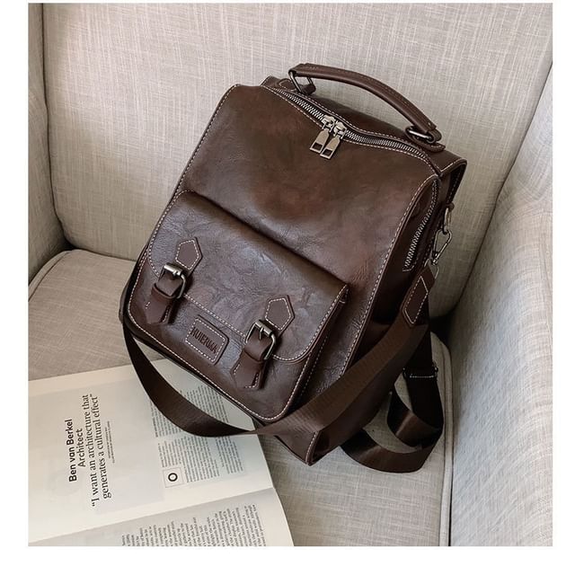 Leather Backpack Buckled Faux