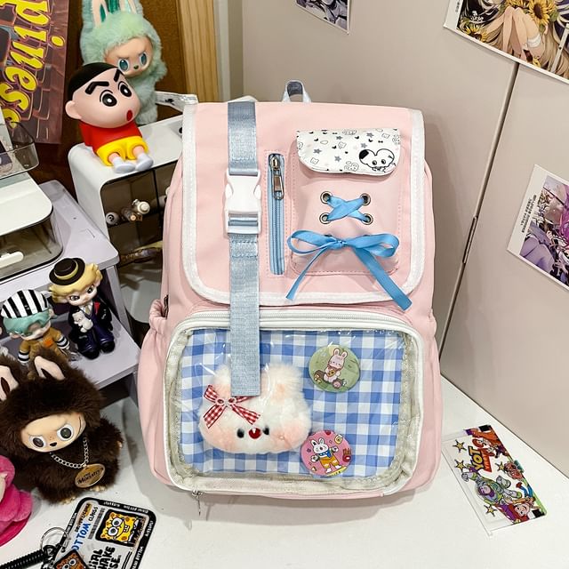 PVC Backpack Nylon Ribbon Buckled Gingham Panel