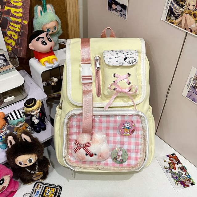 PVC Backpack Nylon Ribbon Buckled Gingham Panel