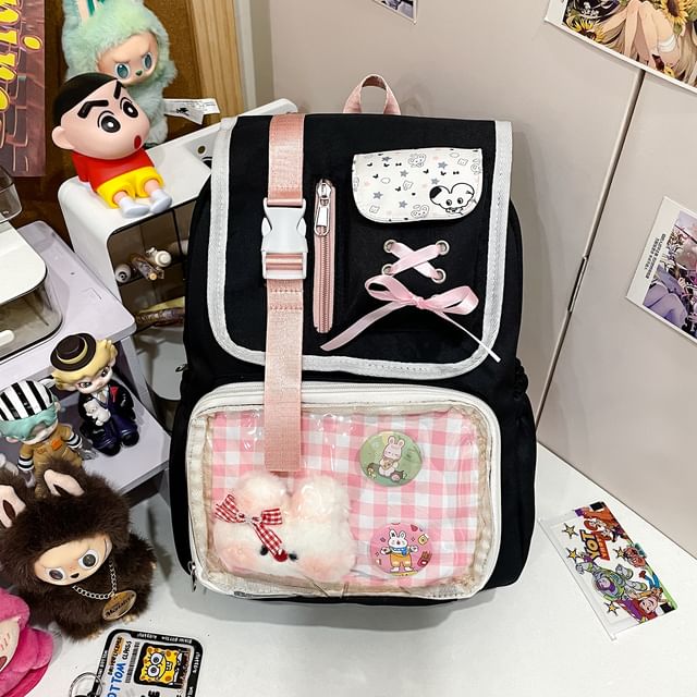 PVC Backpack Nylon Ribbon Buckled Gingham Panel