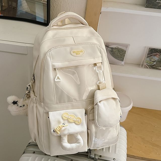 Applique Coin PVC Buckled Purse Nylon Panel With Backpack