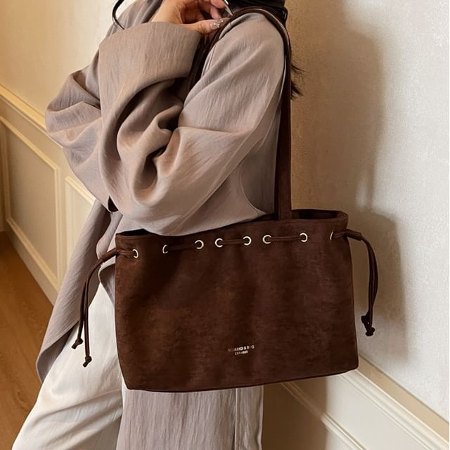Suede Bag Tote Plain Drawstring Faux