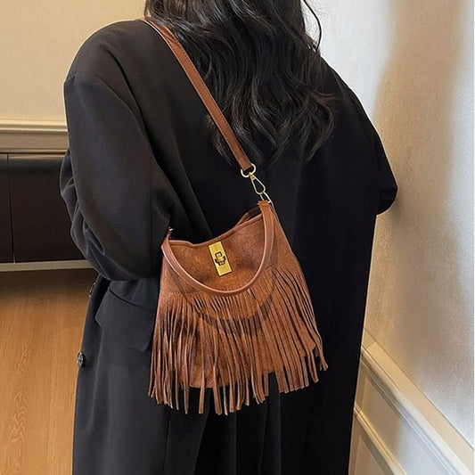 With Fringe Plain Crossbody Pouch Bag Faux Suede