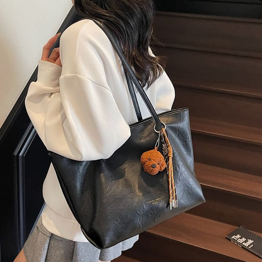 Bag Faux Leather Tote Plain With Charm