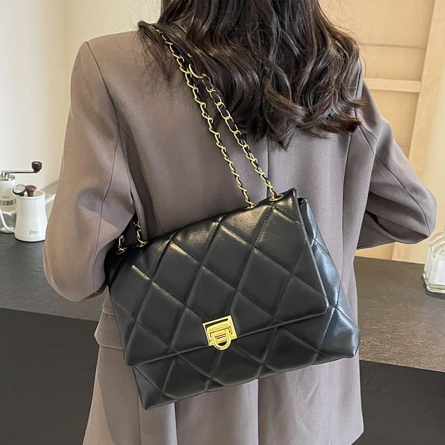 Faux Flap Plain Bag Leather Quilted Crossbody