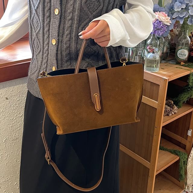 Handle Top Bag Crossbody Suede Pouch With Faux Plain