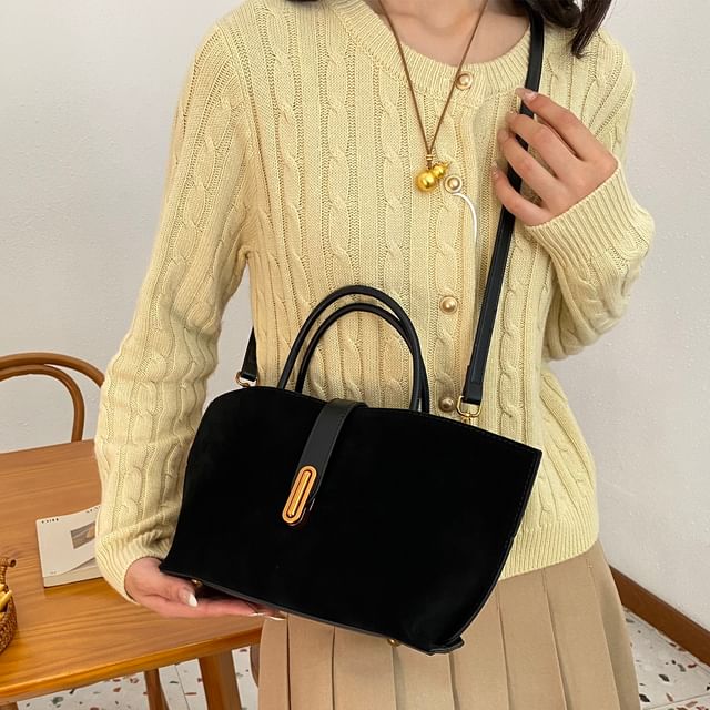 Handle Top Bag Crossbody Suede Pouch With Faux Plain