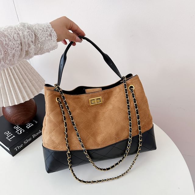 Quilted Chain Suede Crossbody Tote Bag Strap Faux