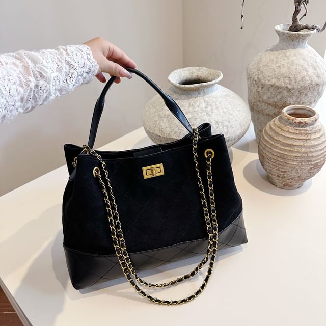 Quilted Chain Suede Crossbody Tote Bag Strap Faux