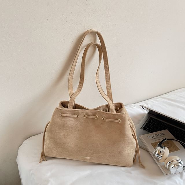 Suede Bag Tote Plain Drawstring Faux