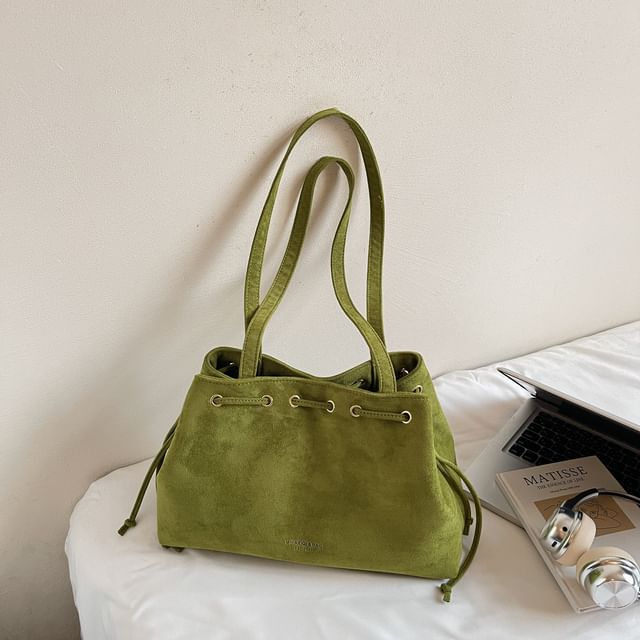 Suede Bag Tote Plain Drawstring Faux