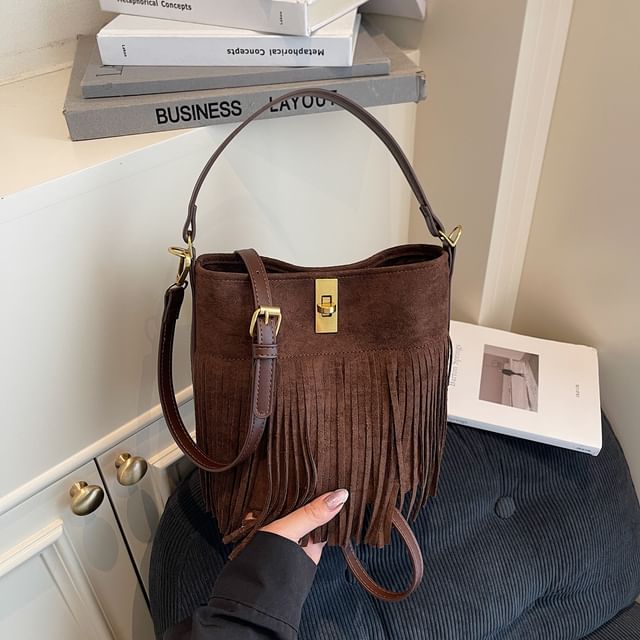 With Fringe Plain Crossbody Pouch Bag Faux Suede