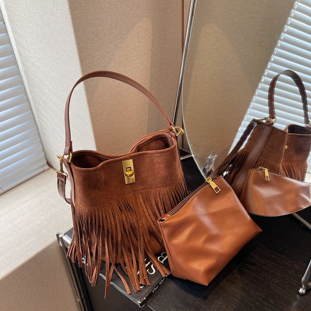 With Fringe Plain Crossbody Pouch Bag Faux Suede