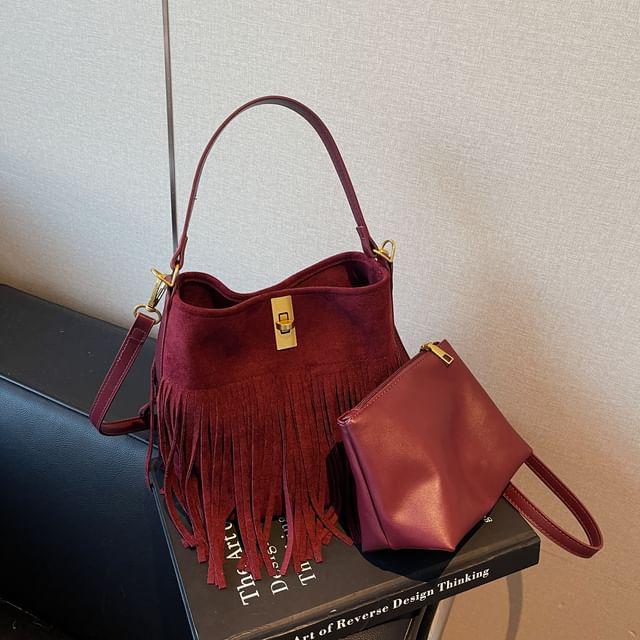 With Fringe Plain Crossbody Pouch Bag Faux Suede