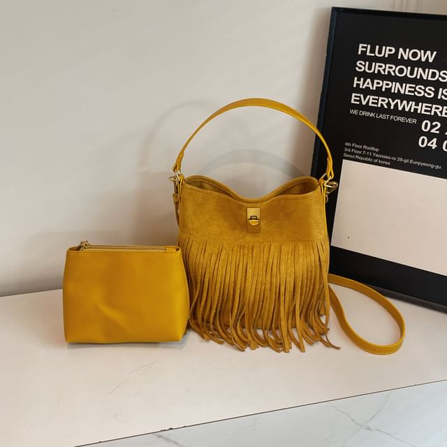 With Fringe Plain Crossbody Pouch Bag Faux Suede