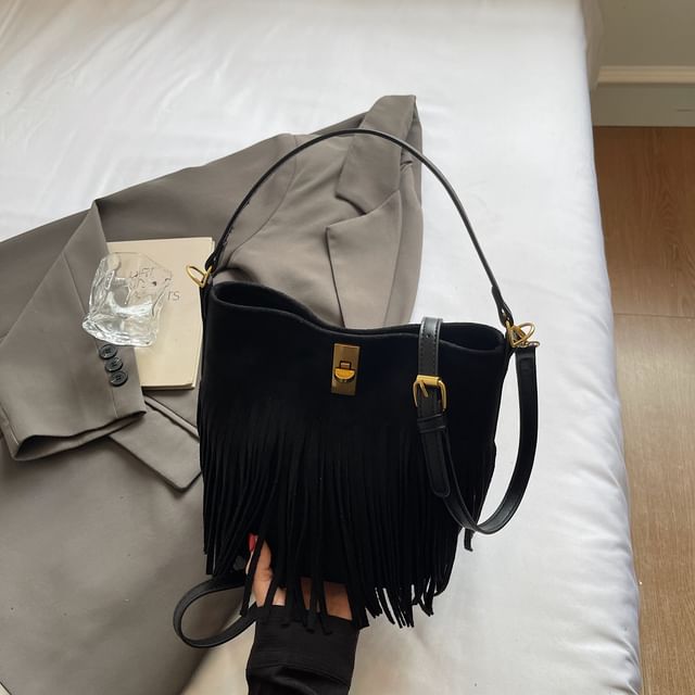 With Fringe Plain Crossbody Pouch Bag Faux Suede