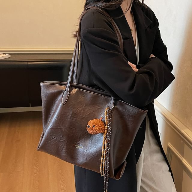 Bag Faux Leather Tote Plain With Charm