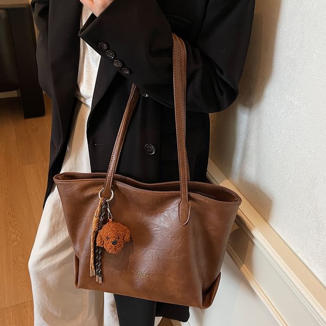 Bag Faux Leather Tote Plain With Charm