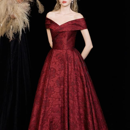 Short-Sleeve Off-Shoulder Floral A-Line Evening Gown