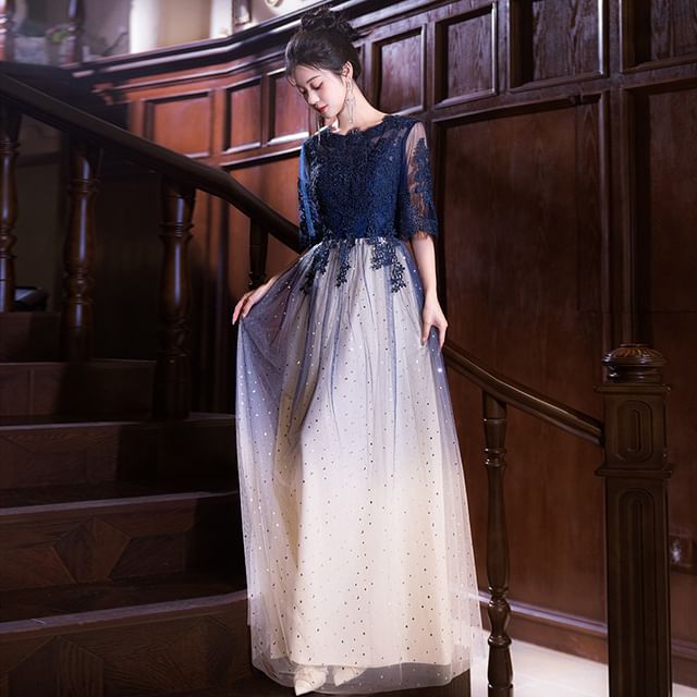 Short-Sleeve Round Neck Lace Panel Gradient Evening Gown / Cocktail Dress (Various Designs)