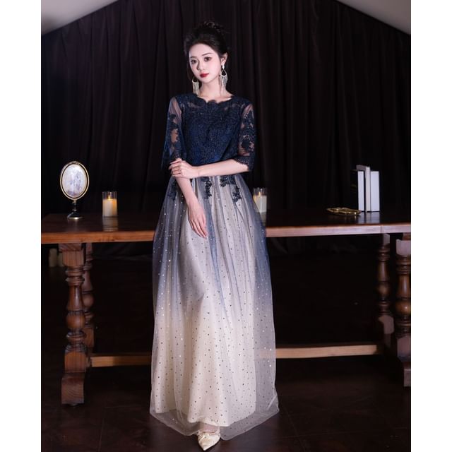 Short-Sleeve Round Neck Lace Panel Gradient Evening Gown / Cocktail Dress (Various Designs)