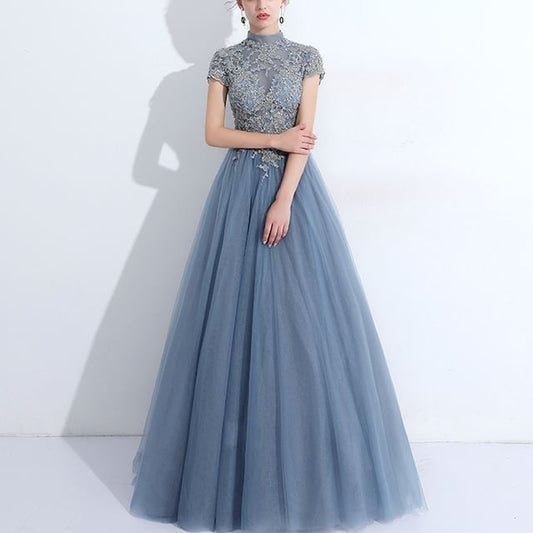 Short-Sleeve Mock Neck Lace Panel Evening Gown / Cocktail Dress