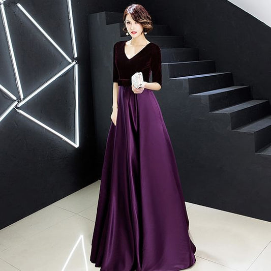 Short-Sleeve V-Neck Plain Velvet A-Line Evening Gown