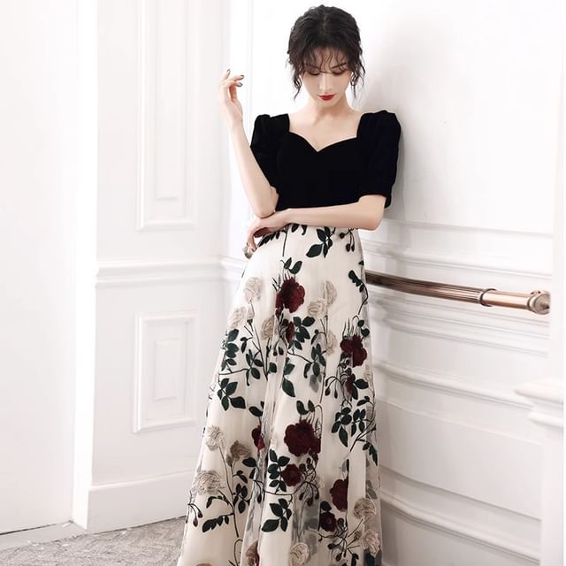 Short-Sleeve Square Neck Floral Panel Evening Gown / Cocktail Dress (Various Designs)