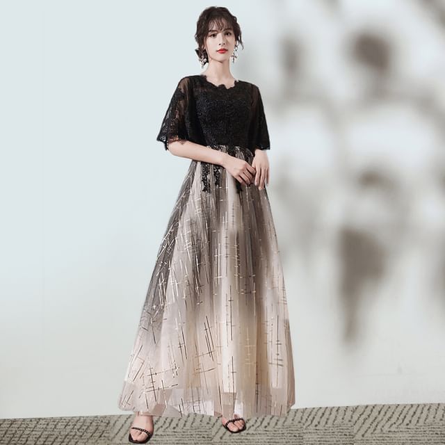 Short-Sleeve V-Neck Glitter Gradient Evening Gown (Various Designs)