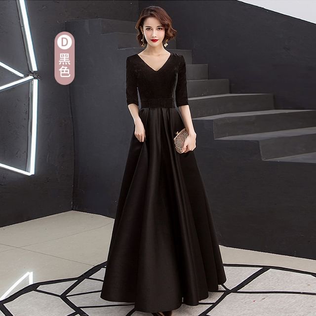 Short-Sleeve V-Neck Plain Velvet A-Line Evening Gown