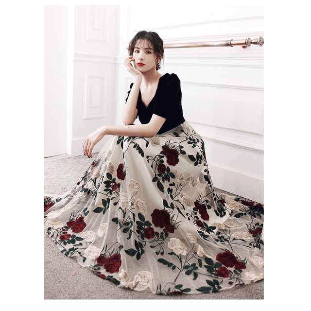 Short-Sleeve Square Neck Floral Panel Evening Gown / Cocktail Dress (Various Designs)