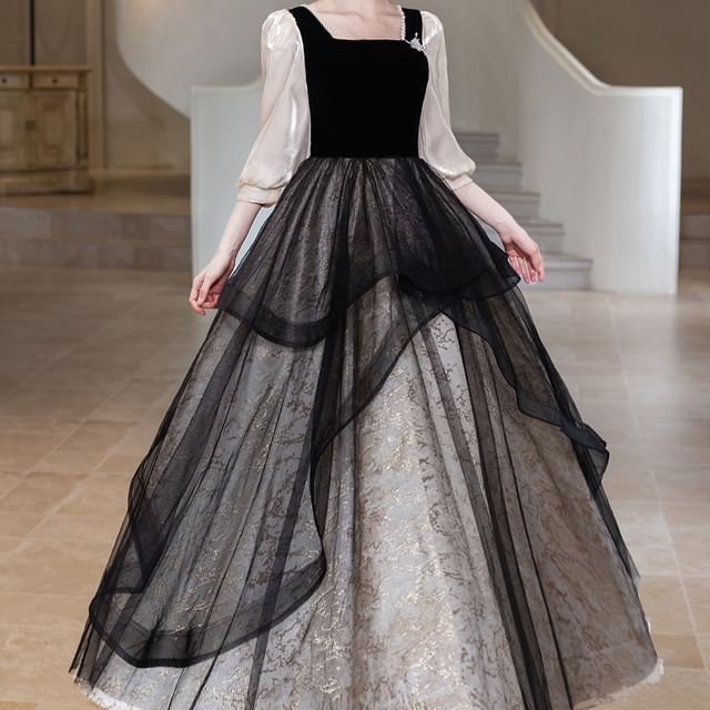 Square Neck Faux Pearl Trim Panel Mesh Overlay Jacquard A-Line Evening Gown (Various Designs)