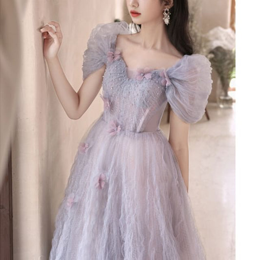 Short-Sleeve Mesh A-Line Evening Gown