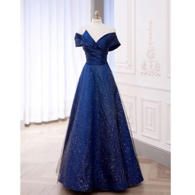 Short Sleeve Off Shoulder Plain Glitter Ruched Mesh A-Line Evening Gown