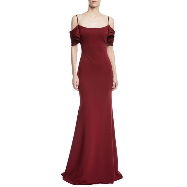 Short-Sleeve Cold-Shoulder Plain Open Back Maxi Sheath Evening Gown
