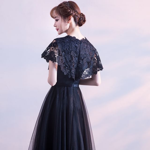 Short Sleeve Round Neck Plain Bow Lace Panel Mesh A-Line Evening Gown