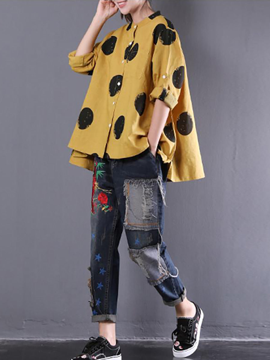 Plus Size Loose Dots Long Sleeve Cotton Linen Shirt QW1054