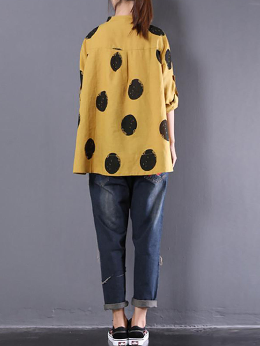 Plus Size Loose Dots Long Sleeve Cotton Linen Shirt QW1054