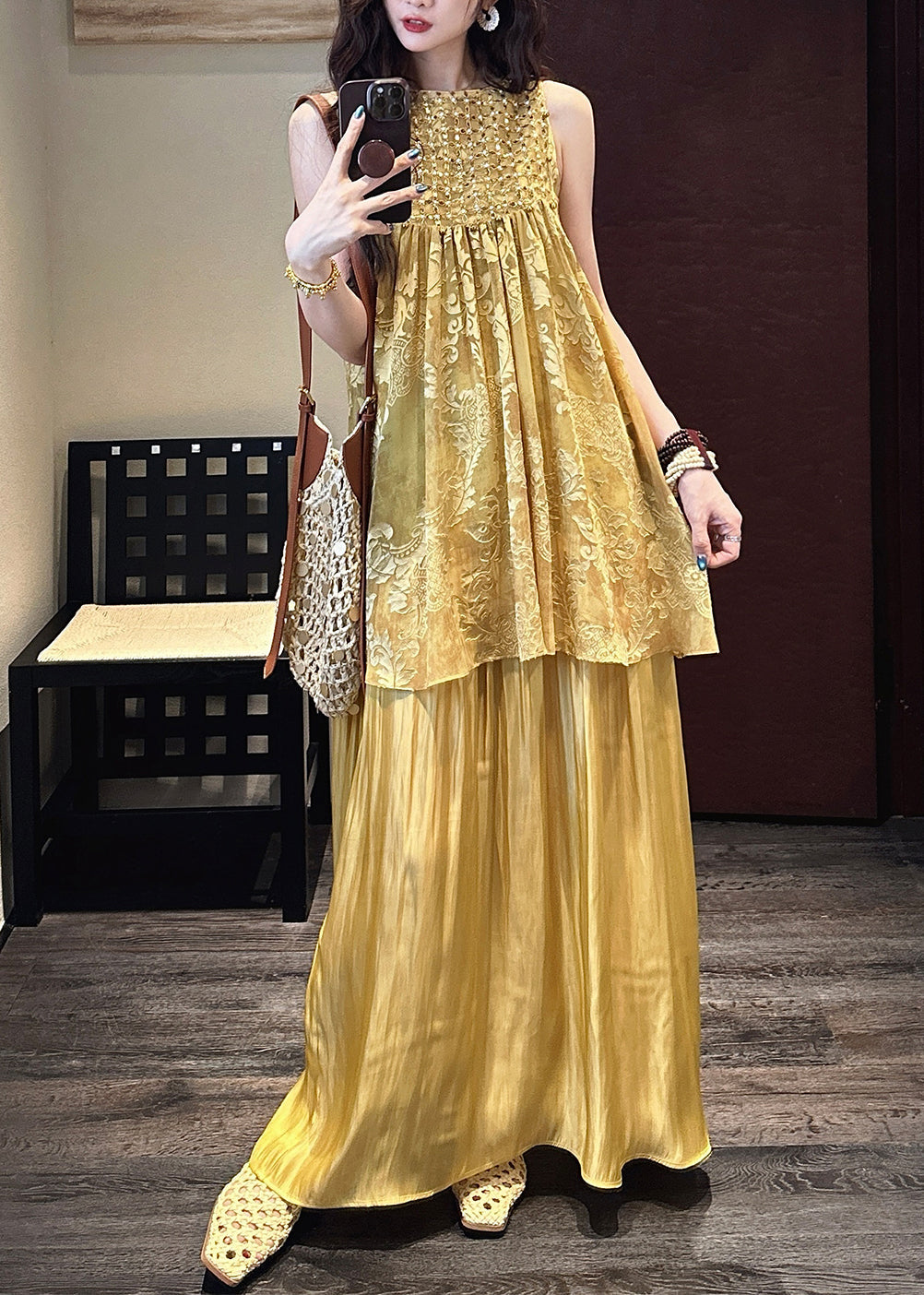 Two Neck Yellow Patchwork Summer Pieces O False Silk Dress