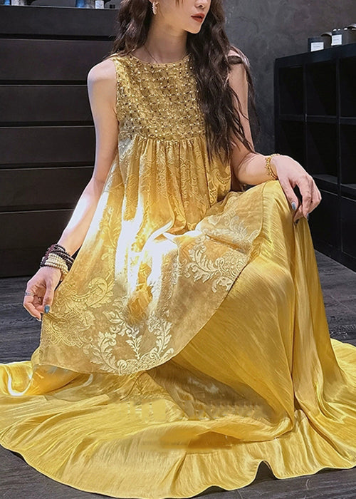 Two Neck Yellow Patchwork Summer Pieces O False Silk Dress