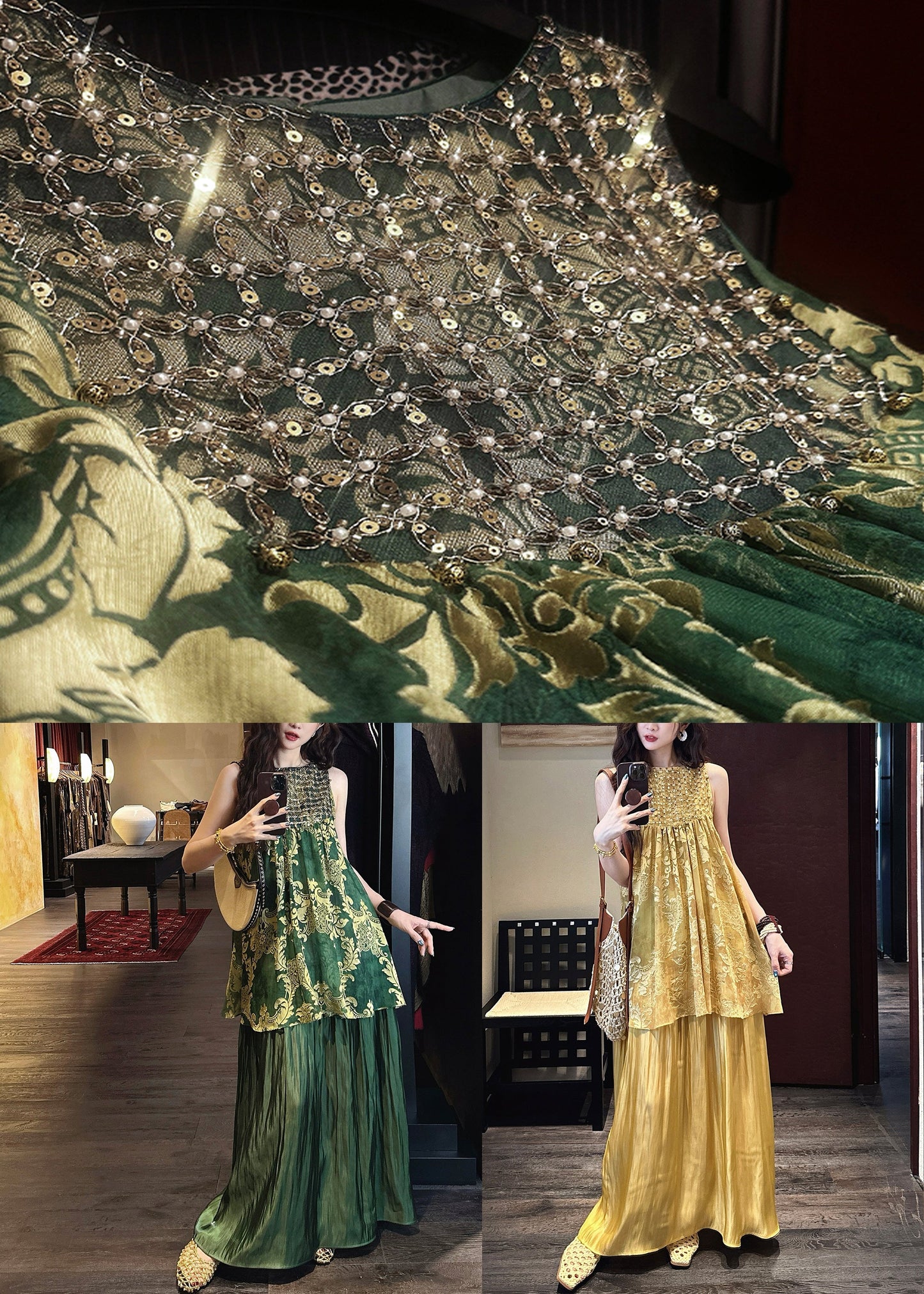 Two Neck Yellow Patchwork Summer Pieces O False Silk Dress