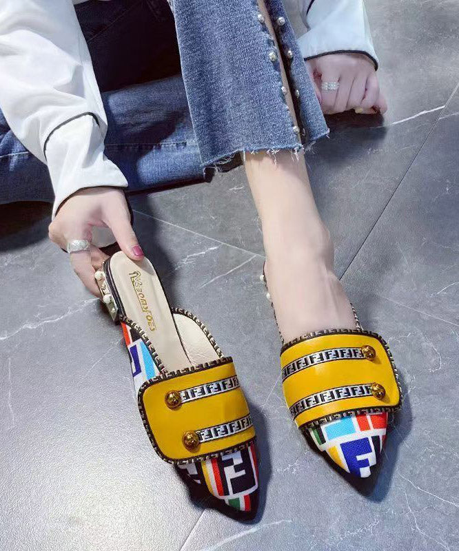 Faux Sandals Unique Toe Splicing Yellow Leather Slide Pointed