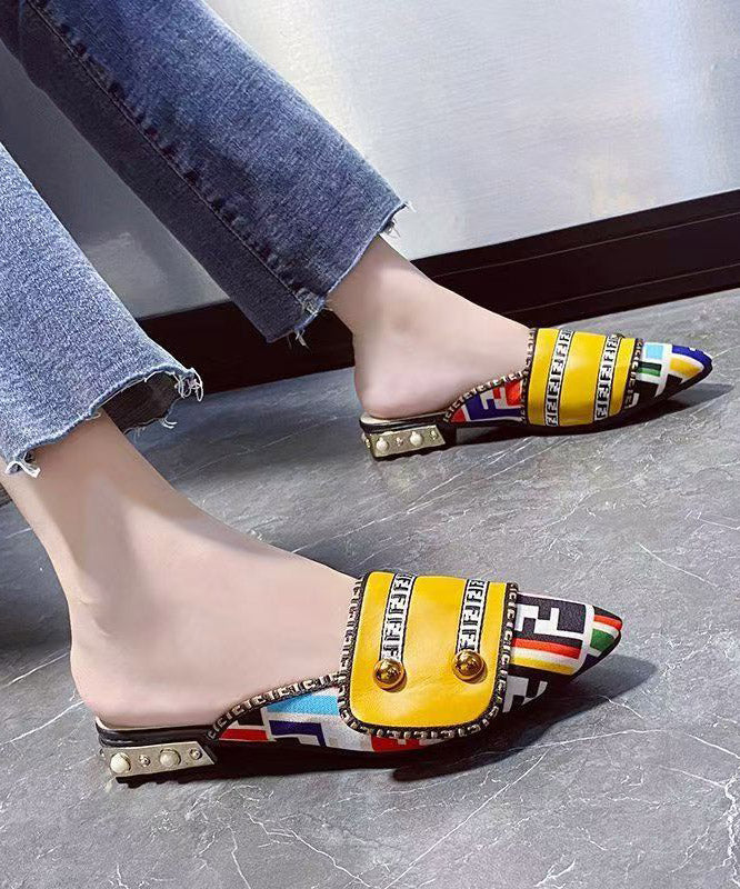 Faux Sandals Unique Toe Splicing Yellow Leather Slide Pointed