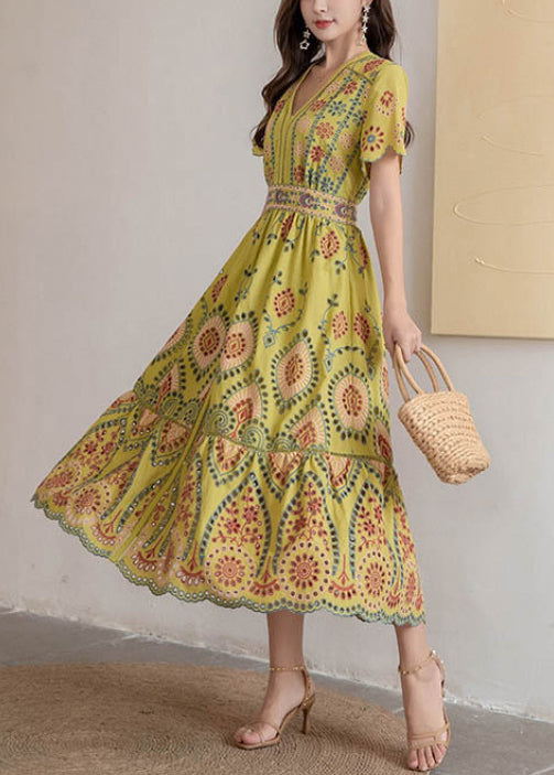 V Dress High Yellow Waist Cotton Summer Long Neck Out Hollow